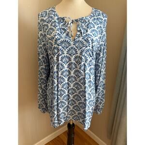 J.Jill Pure Jill Blue Floral Tie Neck Blouse Sz Large Coastal Grandma Bohemian